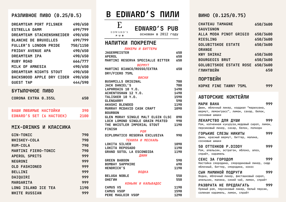 Edward’s Pub - Барное меню